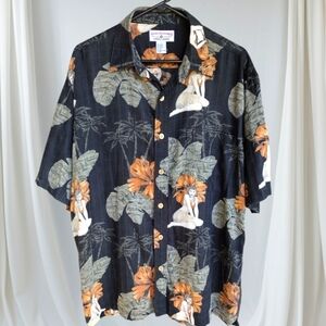 Vintage Hawaiian Style Men's Black and Orange Button Shirt Sz Large